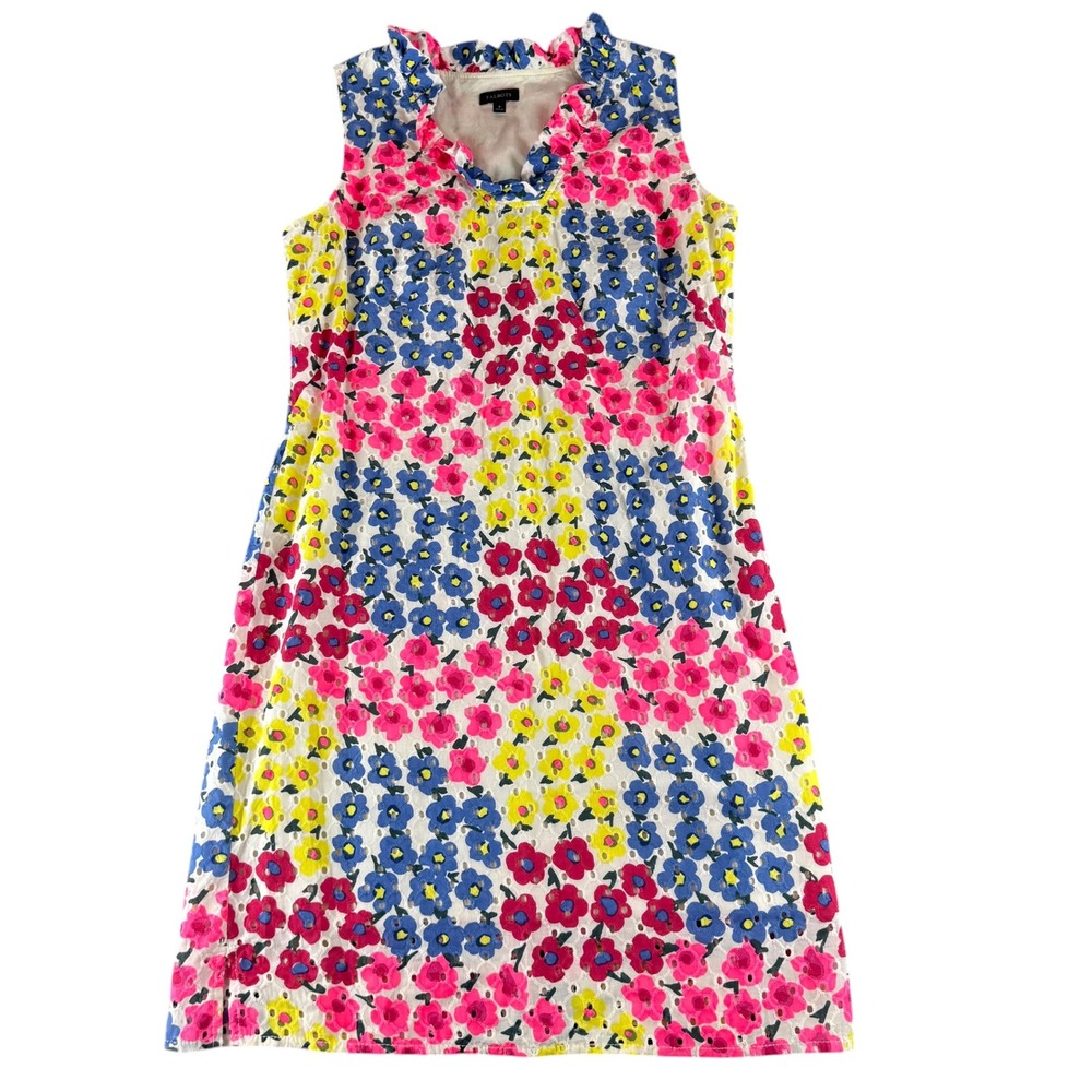 Talbots Womens Floral Eyelet Sleeveless Ruffle V-Neck Cotton Shift Dress Size 8